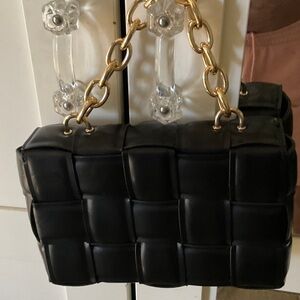 Bottega Veneta Black Woven Shoulder Bag with Gold Chain